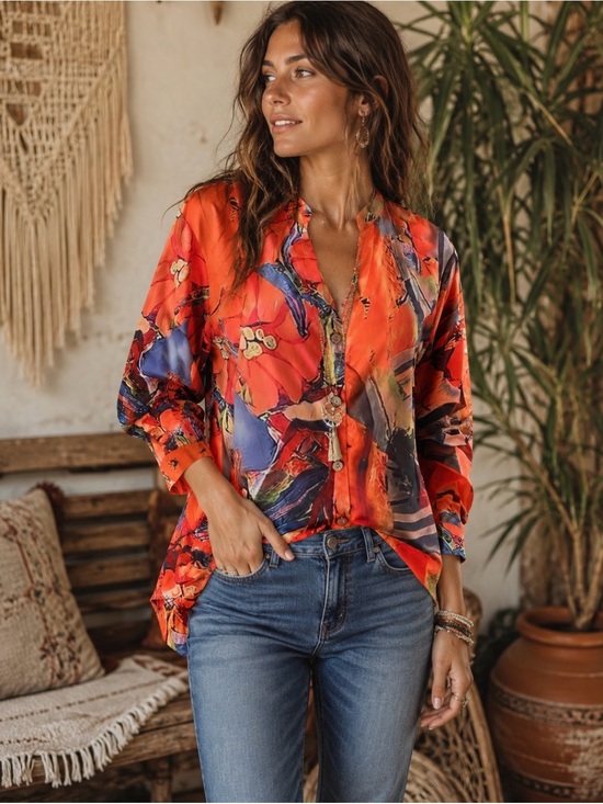 noracora Tops - NORACORA orange and multi color blouse